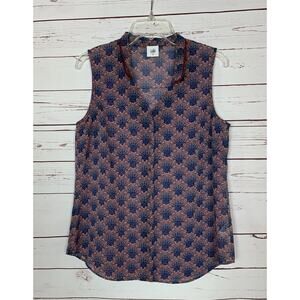 Cabi Women's M Medium Burgundy Blue Sleeveless Button Fan Print Sheer Top #3620